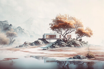 a watercolor landscape with a modern and minimalist twist, using creative design elements such as the use of negative space and clean lines. Generative AI