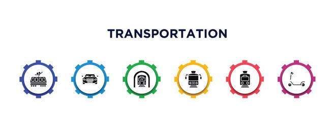 transportation filled icons with infographic template. glyph icons such as light rail, car frontal view, train in a tunnel, tram front view, tram, micro scooter vector.