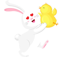 White rabbit with Easter  a little chick. Cute bunny. Cartoon character design, illustration.