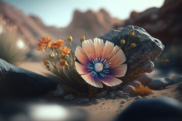 a watercolor-style flower in a natural setting, using creative design elements such as the use of natural elements and colors to create a sense of tranquility and calmness. Generative AI