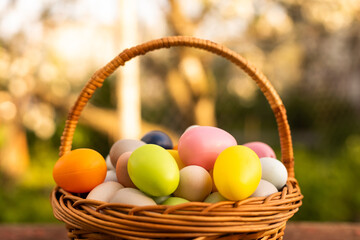 Close up of colorful Easter eggs in a basket