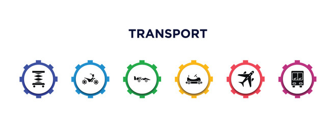 transport filled icons with infographic template. glyph icons such as lifter, quad bike, formula 1, go kart, air transport, public transportation vector. © IconArt