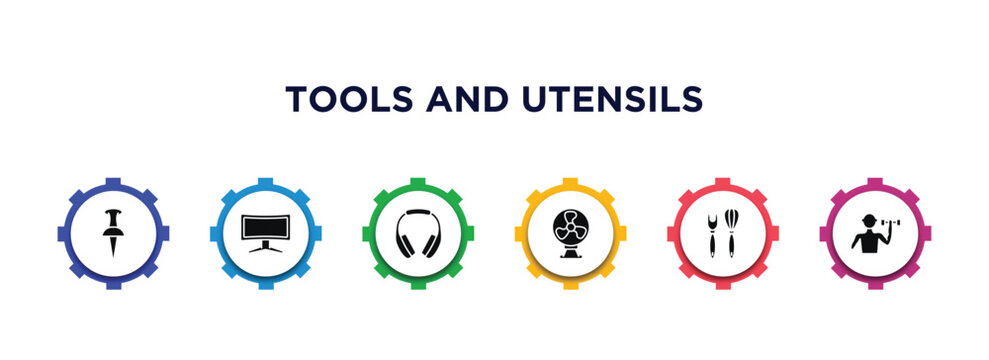 tools and utensils filled icons with infographic template. glyph icons such as push pins, screen in black, headphone variant, table fan, utensils, exercise with dumbbells vector.