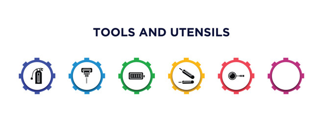 tools and utensils filled icons with infographic template. glyph icons such as flame extinguisher, cardinal, auger, charged battery, thermometers, magnifier vector.