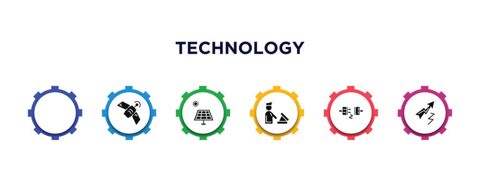 technology filled icons with infographic template. glyph icons such as radio journalism, news via satellite, frontal solar panel, customs, plugs, lightning arrow vector.