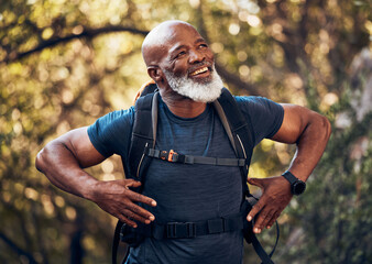 Fitness, hiking and black man backpacking in nature in a forest for exercise, health and wellness....