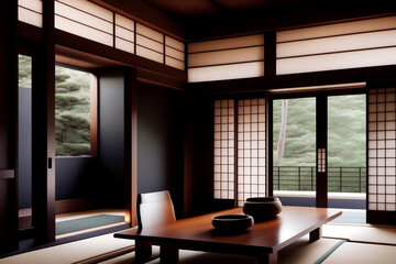 日本の木造住宅の居間をアースカラーベースのインテリアで表現, with Generative AI