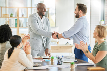 Applause, diversity acquisition handshake and business people celebrate investment, b2b contract...