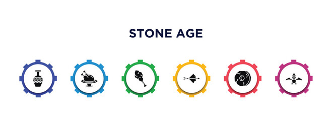 stone age filled icons with infographic template. glyph icons such as pottery, roast chicken, cudgel, bow, wheel, pterodactyl vector. © IconArt