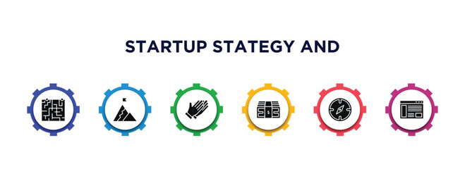 startup stategy and filled icons with infographic template. glyph icons such as strategy in a labyrinth, success flag, clap, budget, exploration, web de vector.