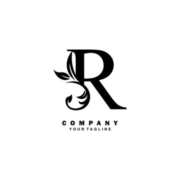 Elegant luxury black R letter logo vector design with leaf and flower decoration. R modern creative initial logo. boutique logo, business, company, wedding, etc