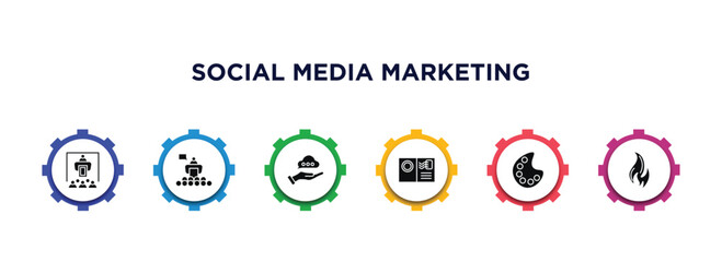 social media marketing filled icons with infographic template. glyph icons such as seminar, conference, advise, postcard with stamp, color, trending vector.