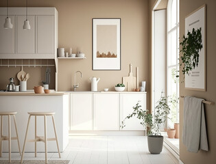 Fototapeta na wymiar Minimalist Scandinavian Kitchen Room Interior Design with Small Blank Poster Mockup - Created with Generative AI