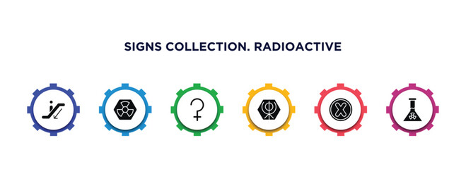 signs collection. radioactive filled icons with infographic template. glyph icons such as or, radioactive warning, ceres, khanda, cross, radioactive elements vector.