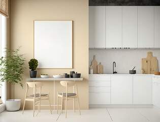 Minimalist Scandinavian Kitchen Room Interior Design with Small Blank Poster Mockup - Created with Generative AI