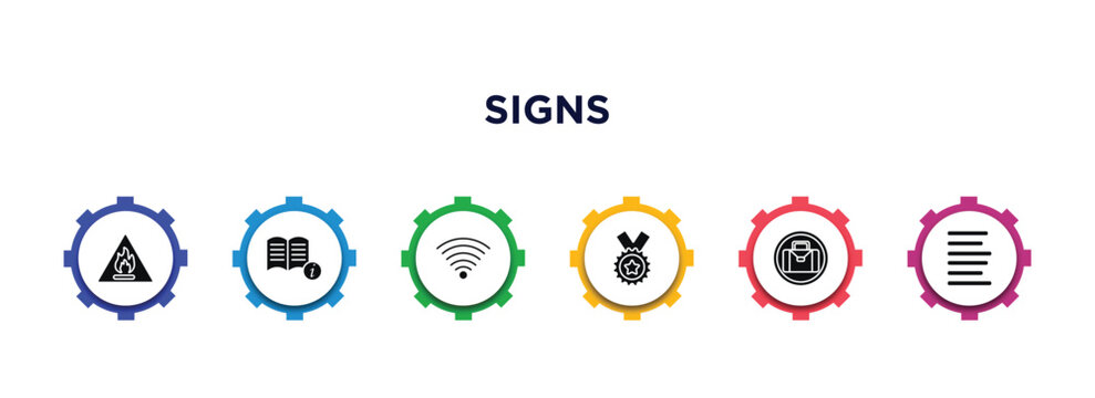 signs filled icons with infographic template. glyph icons such as fire hazard, instruction, wireless network, class reward, suitcase, align left vector.