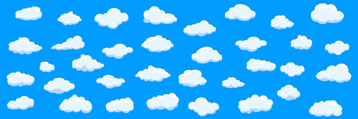 White cartoon clouds set isolated on blue background. Collection of different clouds for background template, wallpaper and fluffy sky design. Flat clouds concept. 3D clouds vector illustration