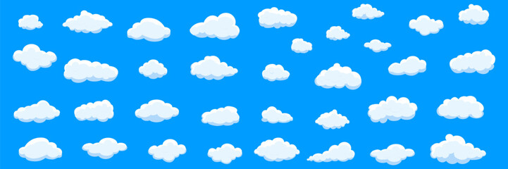 White cartoon clouds set isolated on blue background. Collection of different clouds for background template, wallpaper and fluffy sky design. Flat clouds concept. 3D clouds vector illustration