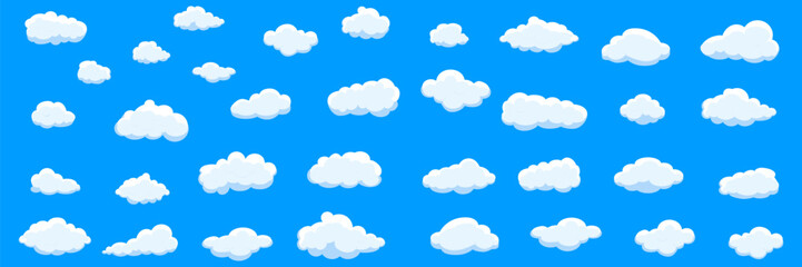 White cartoon clouds set isolated on blue background. Collection of different clouds for background template, wallpaper and fluffy sky design. Flat clouds concept. 3D clouds vector illustration