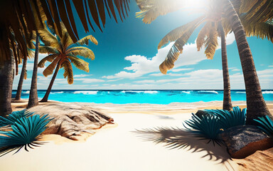 Beach with turquoise sea with palm trees - 575246716