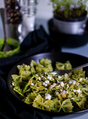 Pasta with pesto.Cooking process step by step in the kitchen.