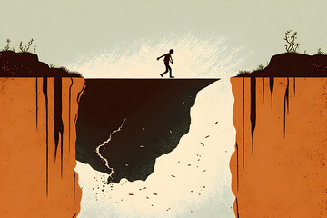 "Overconfidence Bias" - Illustration could show a person standing on the edge of a cliff, feeling overconfident in their ability to jump to the other side without a safety net. Generative AI