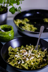 Pasta with pesto.Cooking process step by step in the kitchen.