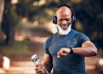 Black man, music headphones and fitness watch with a water bottle and smile outdoor for cardio...