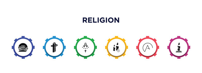 religion filled icons with infographic template. glyph icons such as calvary, cross, faith, candles, atheism, candle vector.