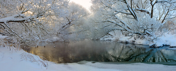 Winter frosty panoramic landscape with forest river and snow covered trees in calm december morning