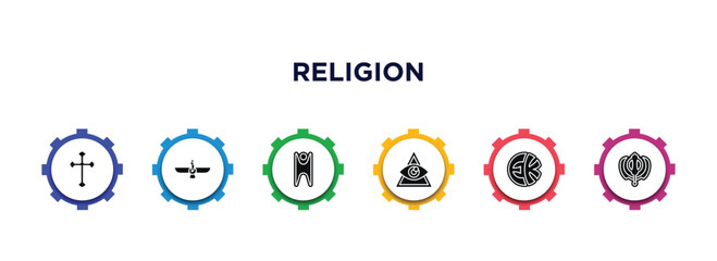 religion filled icons with infographic template. glyph icons such as catholicism, faravahar, humanism, caodaism, eckankar, sikhism vector.