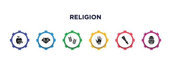 religion filled icons with infographic template. glyph icons such as diet, sacred cow, israel barley, henna painted hand, shehnai, lion of judah vector.