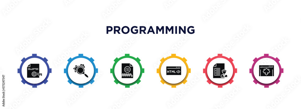 Aufkleber programming filled icons with infographic template. glyph icons such as encripted file, optimization