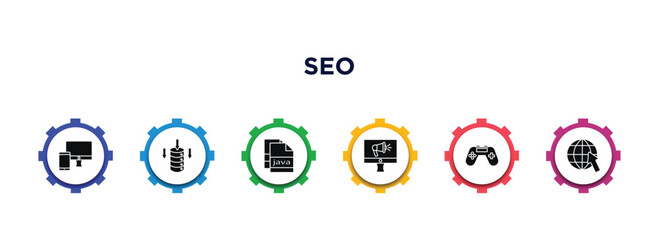 seo filled icons with infographic template. glyph icons such as responsive, data storage, , advertising, console, website vector.