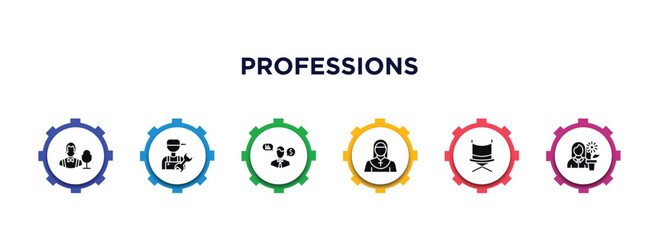 professions filled icons with infographic template. glyph icons such as showman, plumber, financial advisor, nun, director, florist vector.