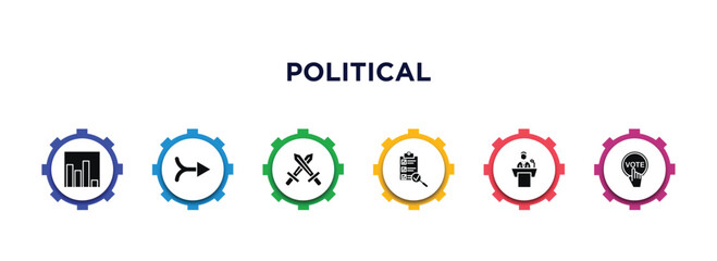 political filled icons with infographic template. glyph icons such as poll, merging, war, checking, political speech, vote vector.