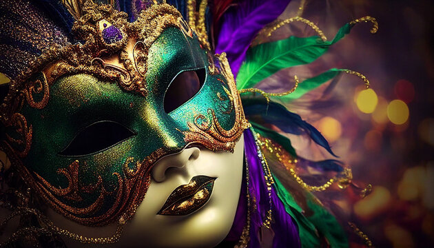 Mardi Gras masquerade. A woman's face in a mask. Generative AI