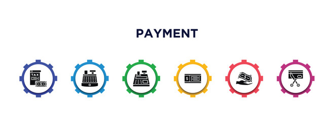 payment filled icons with infographic template. glyph icons such as taxes, cashier hine, cash register, voucher, buyer, cut card vector.