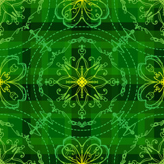 Celtic Irish traditional modern seamless pattern with shamrocks. Green colors. Tartan, St. Patrick's Day.