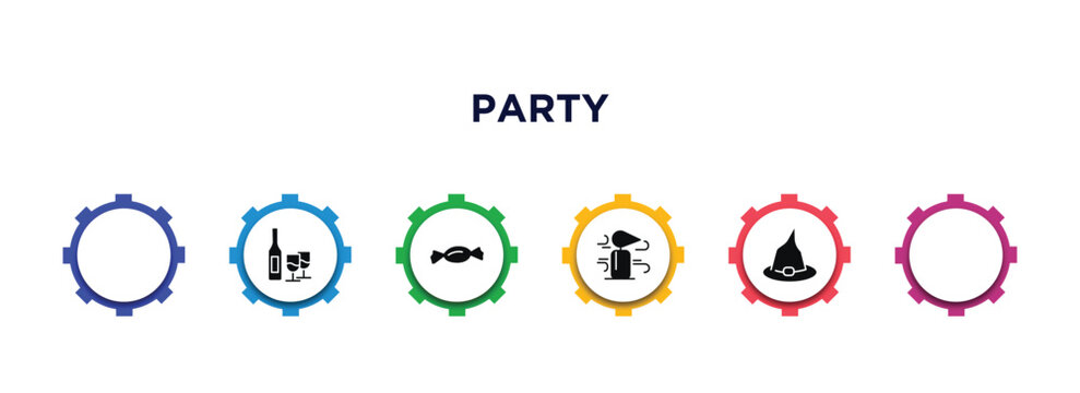 Party Filled Icons With Infographic Template. Glyph Icons Such As Calendar With Date, Bottle And Two Glasses, Candy Paper, Suit And Tie, Blowing Candle, Wizard Hat Vector.