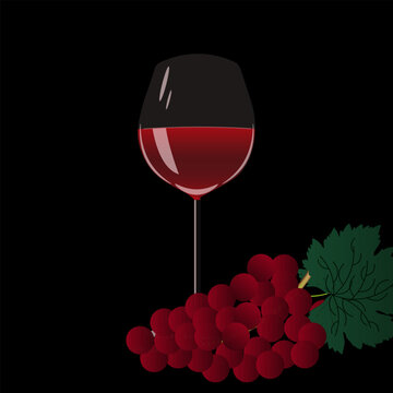 Transparent glass of red wine with beautiful highlights and grapes on style black background. Banner template for the winery.