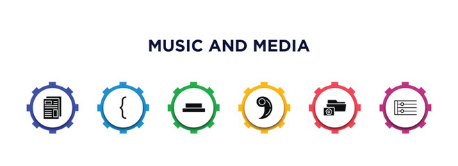 music and media filled icons with infographic template. glyph icons such as newspaper report, brace, half rest, breath mark, image archive, repeat vector.