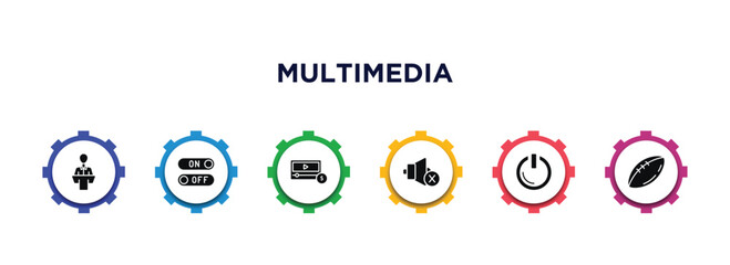 multimedia filled icons with infographic template. glyph icons such as science conference, switches, paid, speaker mute, start button, football balloon vector.
