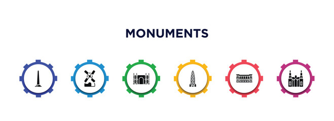 monuments filled icons with infographic template. glyph icons such as national mall, kinderdijk windmills, spain, amritsar, palais garnier, cathedral vector.