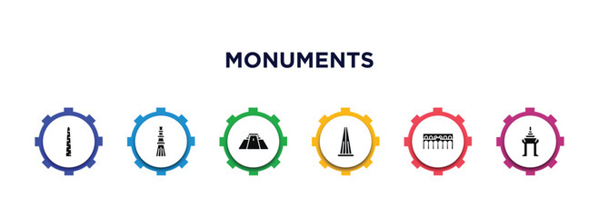 monuments filled icons with infographic template. glyph icons such as walled obelisk, qutb minar in new delhi, pyramid of the magician, the, segovia aqueduct, cambodia vector.