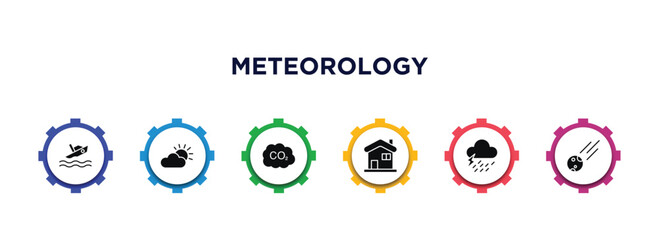 meteorology filled icons with infographic template. glyph icons such as boat capsizes, weather, co2 gas, snowy house, rain and thunder, space comet vector.