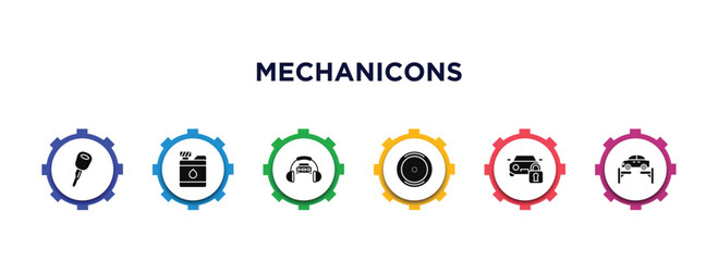 mechanicons filled icons with infographic template. glyph icons such as car key, water tank for vehicles, car and headphones, car wheel, and padlock, on an elevator vector.