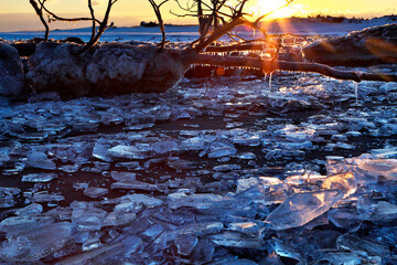 夕陽と打ち上げられた板氷群(豊頃町）