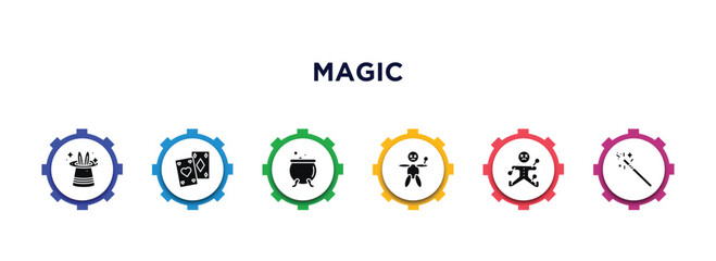 magic filled icons with infographic template. glyph icons such as magic trick, playing cards, cauldron, voodoo doll, voodoo, wand vector.