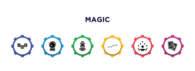 magic filled icons with infographic template. glyph icons such as runes, crystal ball, magic assistant, handkerchief, juggler, tarot vector.